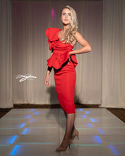 One Shoulder Body Con Scuba Cocktail Midi Dress