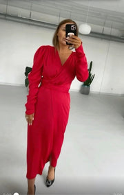 Royal Blue Red Wrap Satin Midi Maxi Dress