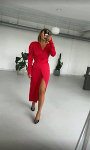 Royal Blue Red Wrap Satin Midi Maxi Dress