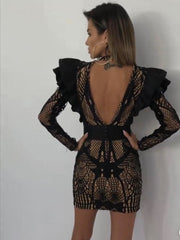 Long Sleeve Decorative Shoulder Lace Overlay Mini Dress