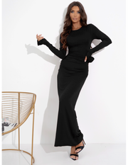 Timeless Ruched Rosette Long-Sleeve Maxi Dress