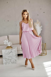 Blush Pink Matching Set Pleated  Long Skirt Strap Tank Top