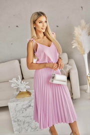 Blush Pink Matching Set Pleated  Long Skirt Strap Tank Top