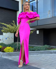 Feather Off The Shoulder Maxi Dress