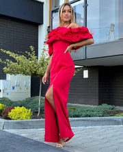 Feather Off The Shoulder Maxi Dress