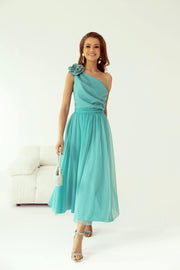 One Shoulder Tulle Flower Midi Dress