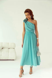 One Shoulder Tulle Flower Midi Dress