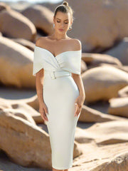 Off The Shoulder Elegant Body Con Cocktail Party Midi Summer Dress