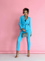 Long Sleeve Wrap Blazer Skinny Pant Matching Suit Set