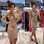 Long Sleeve Body Con Side Ruching Midi Dress