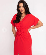 Short Sleeve Front Ruching Split Casual Cocktail Business Midi Dress