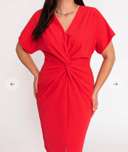 Short Sleeve Front Ruching Split Casual Cocktail Business Midi Dress