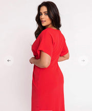 Short Sleeve Front Ruching Split Casual Cocktail Business Midi Dress