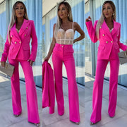 Double-Breasted Blazer with Gold Buttons & Wide-Leg Pants Suit