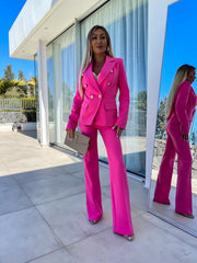 Double-Breasted Blazer with Gold Buttons & Wide-Leg Pants Suit