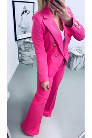 Double-Breasted Blazer with Gold Buttons & Wide-Leg Pants Suit