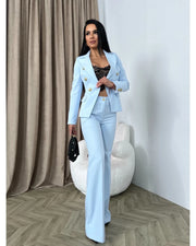 Double-Breasted Blazer with Gold Buttons & Wide-Leg Pants Suit