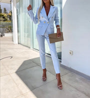 Double Breasted Blazer with Gold Buttons & Cigarette-Leg Pants Suit