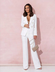 Double-Breasted Blazer with Gold Buttons & Wide-Leg Pants Suit