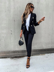 Double Breasted Blazer with Gold Buttons & Cigarette-Leg Pants Suit