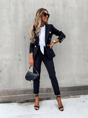Double Breasted Blazer with Gold Buttons & Cigarette-Leg Pants Suit