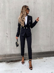 Double Breasted Blazer with Gold Buttons & Cigarette-Leg Pants Suit