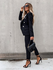 Double Breasted Blazer with Gold Buttons & Cigarette-Leg Pants Suit