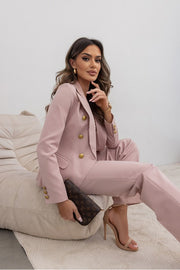 Double-Breasted Blazer with Gold Buttons & Wide-Leg Pants Suit