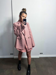 Blush Pink Checker Tie Cuff Wide Shorts Matching Suit Set