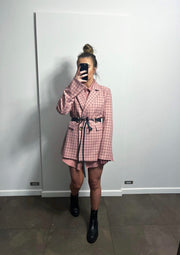 Blush Pink Checker Tie Cuff Wide Shorts Matching Suit Set