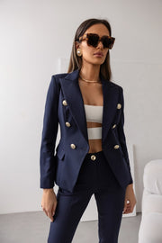 Double Breasted Blazer with Gold Buttons & Cigarette-Leg Pants Suit