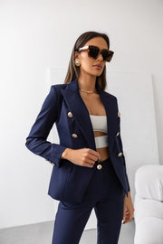 Double Breasted Blazer with Gold Buttons & Cigarette-Leg Pants Suit