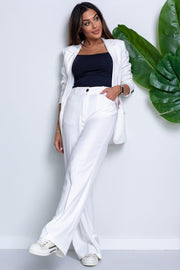 Long Sleeve One Button Blazer Wide Leg Pants Black Decorative Buttons