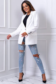 Long Sleeve One Button Blazer Wide Leg Pants Black Decorative Buttons