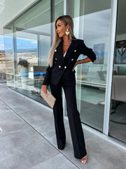 Double-Breasted Blazer with Gold Buttons & Wide-Leg Pants Suit