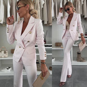 Double-Breasted Blazer with Gold Buttons & Wide-Leg Pants Suit